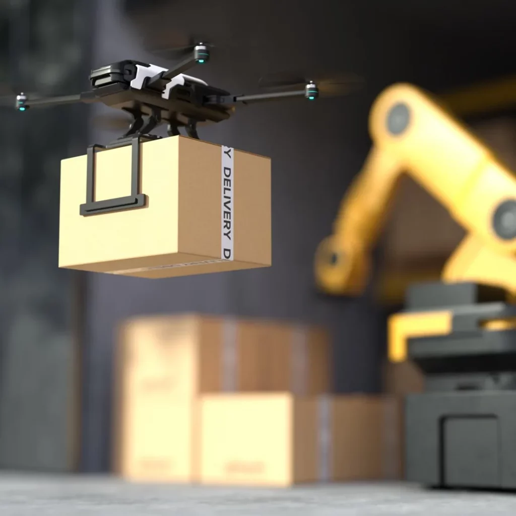 As Novas tecnologias na Logística - Imagem de um drone a transportar uma encomenda - Norlog Transitários